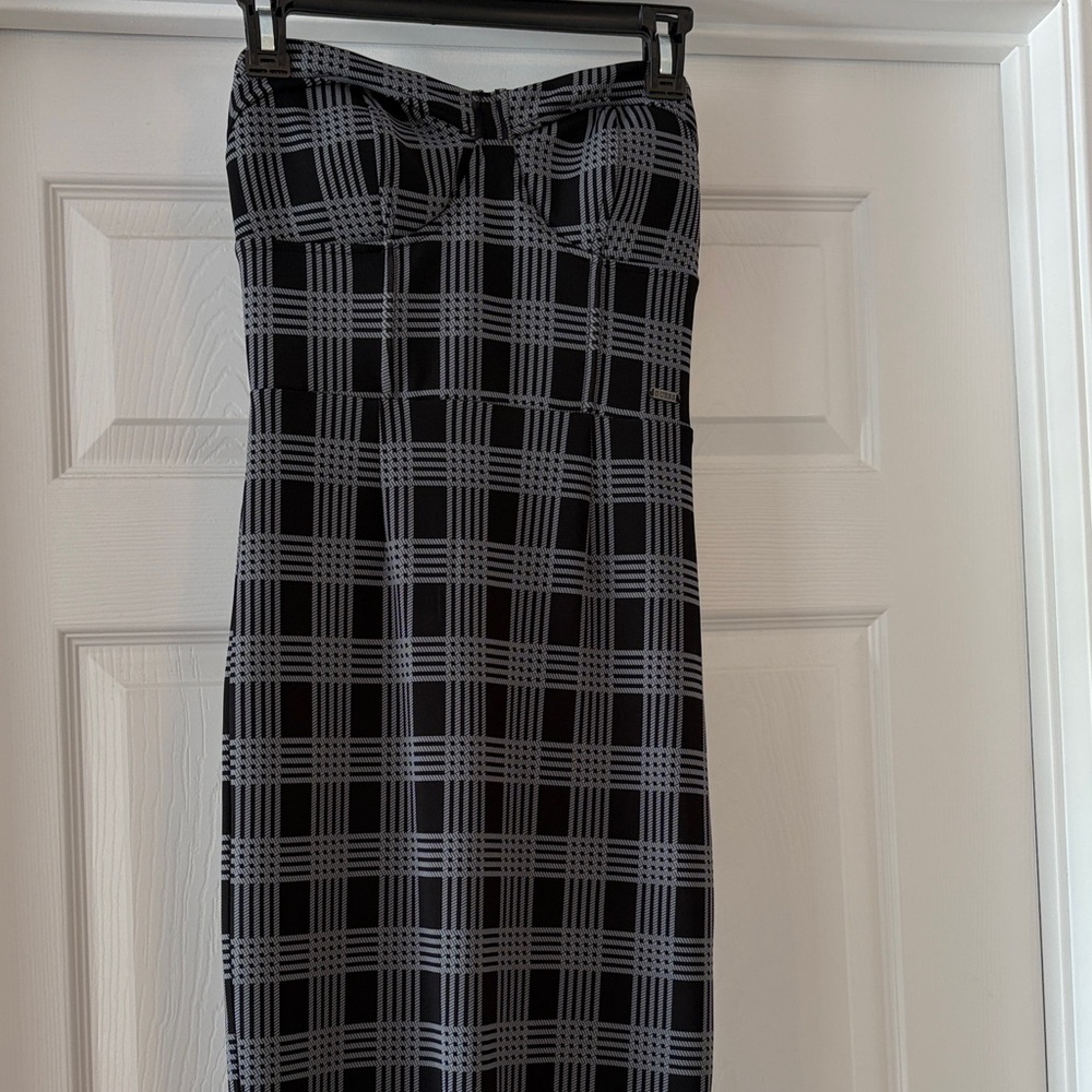 Guess Black and Gray Plaid Strapless Dress